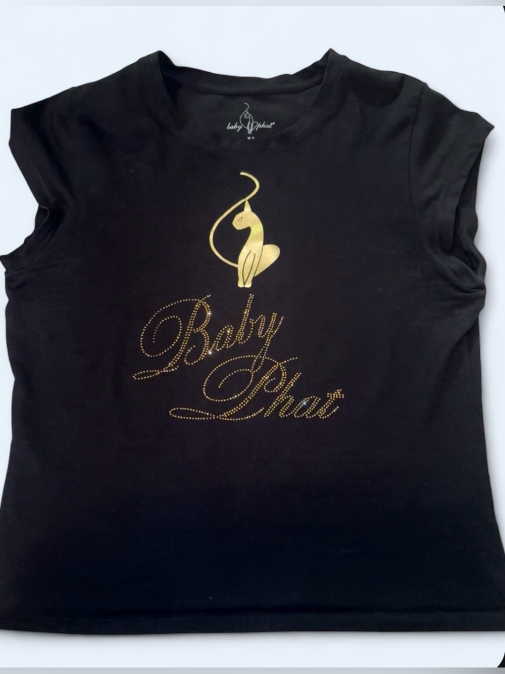 Baby Phat Y2K Black Gold Logo Rhinestone Baby Tee - Size XL